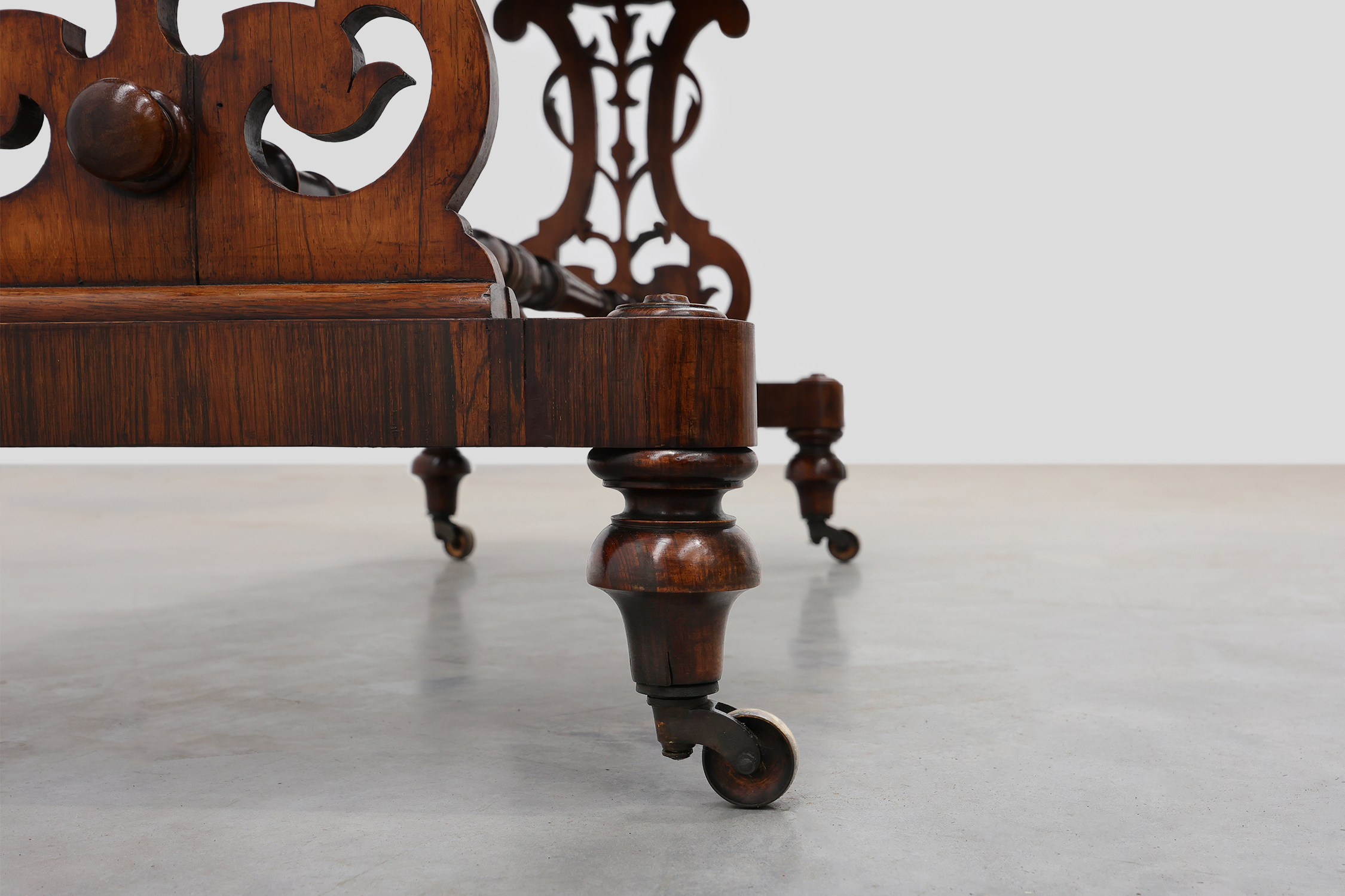Victorian Walnut Side Table with Inlaid Top and Pierced Scroll Ends, England, circa 1870thumbnail